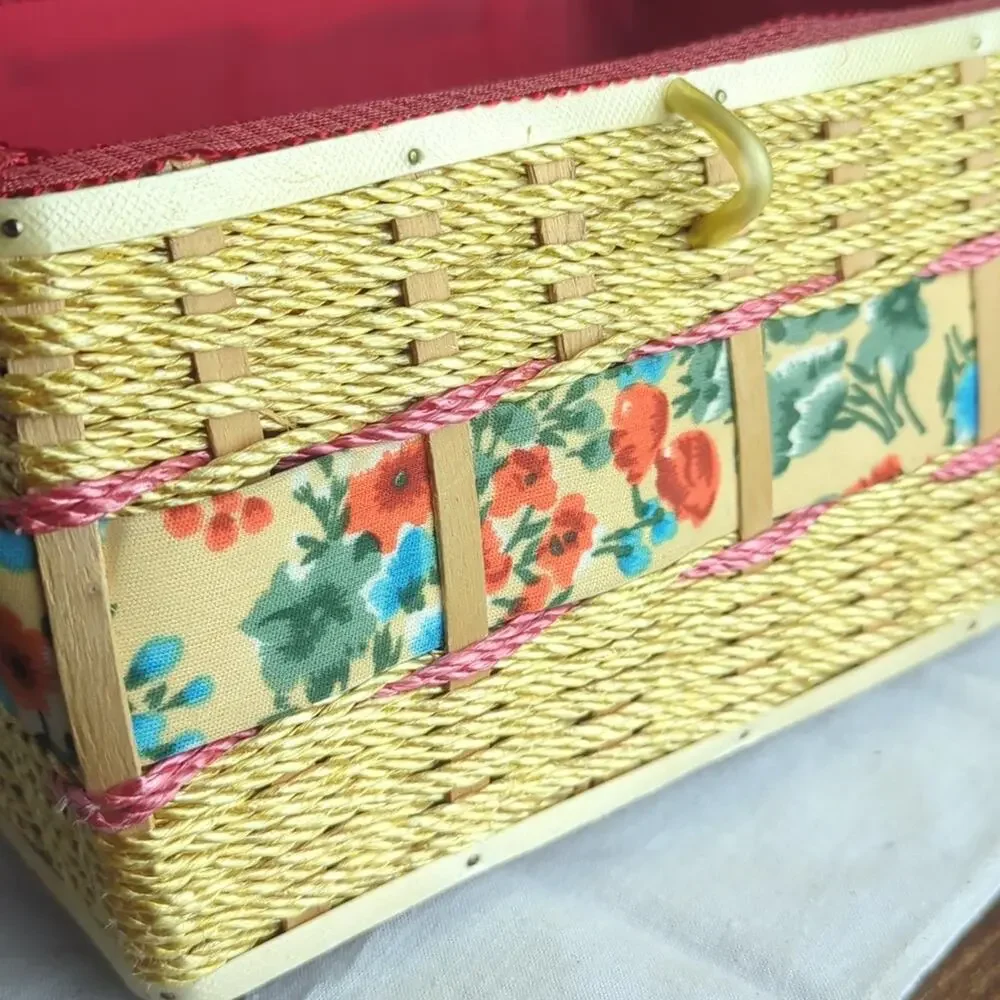 Vintage Wicker Sewing Basket Storage Box Floral | Granny Chic Cottagecore